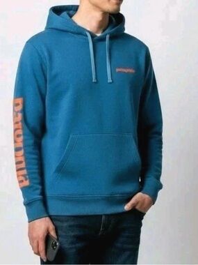 Patagonia Hoodie Sweatshirt Uprisal Mens M Teal Blue Orange Sleeve Logo Pullover